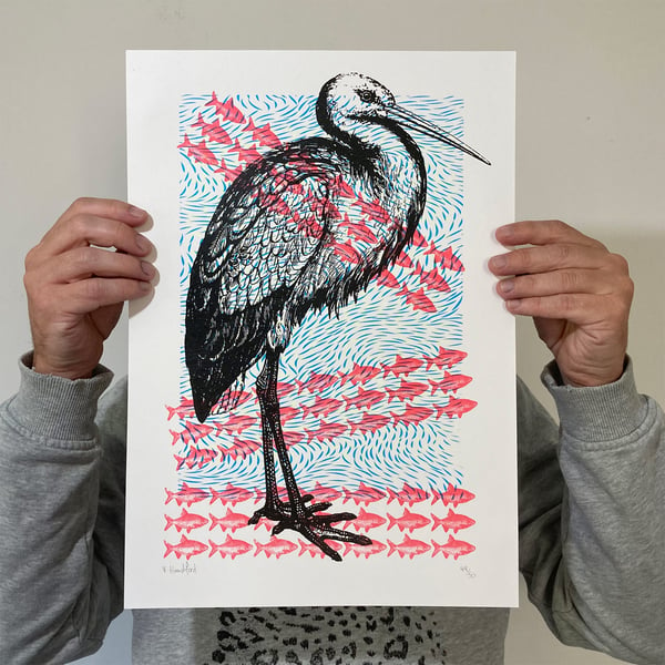 Screen Printed Poster - 'Stork By The River.'