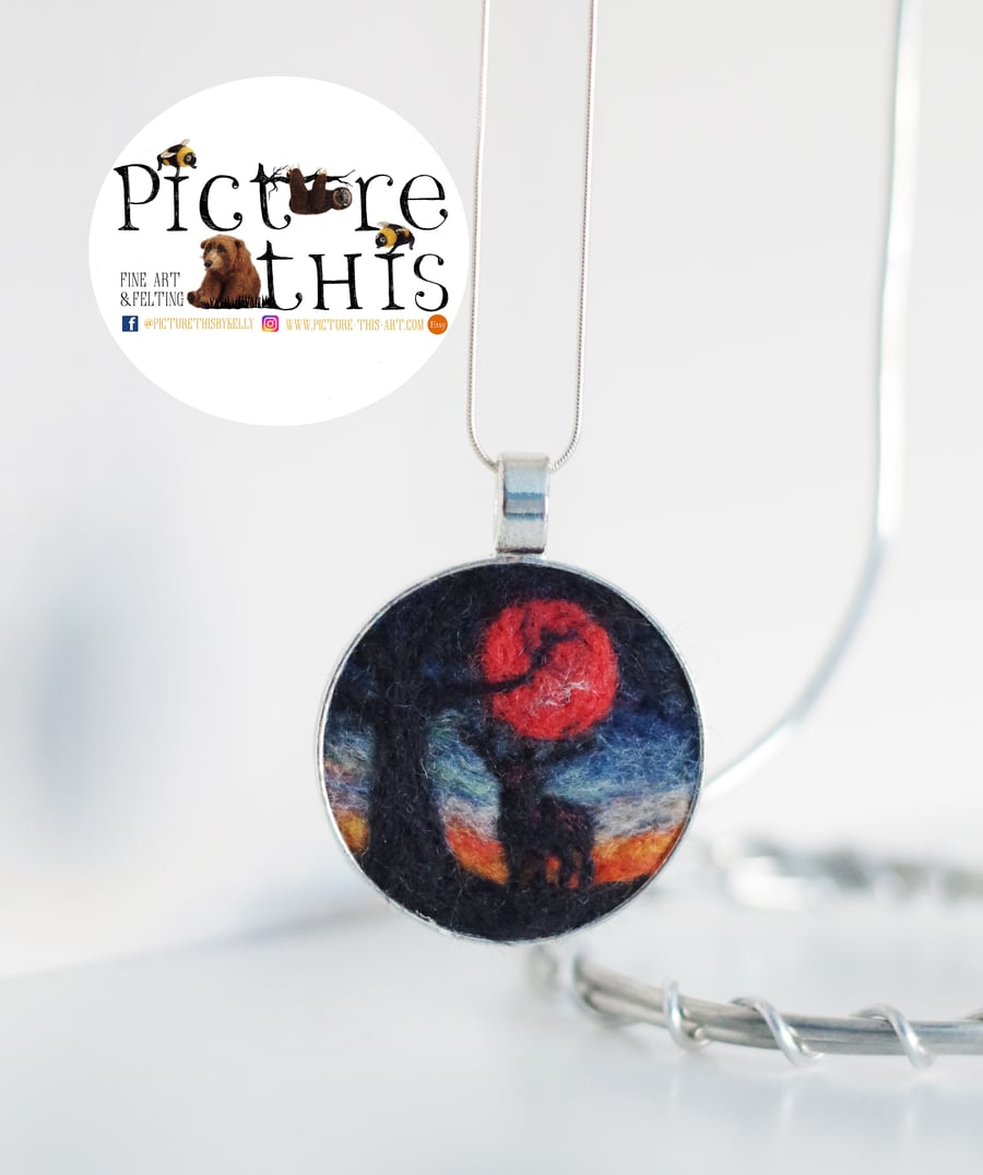 Beautiful Unique Circle Stag Tree Silhouette Needle Felted wool Pendant
