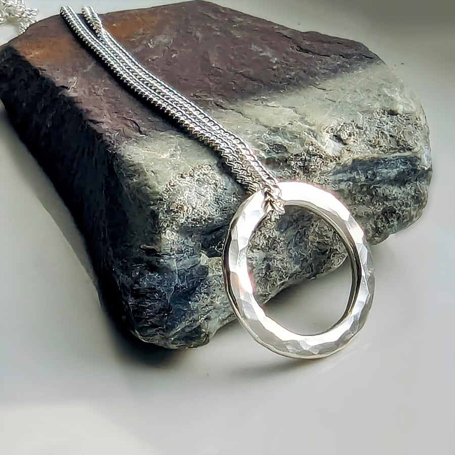 STERLING SILVER Handmade Textured Hoop pendant, Handmade Urban Jewellery