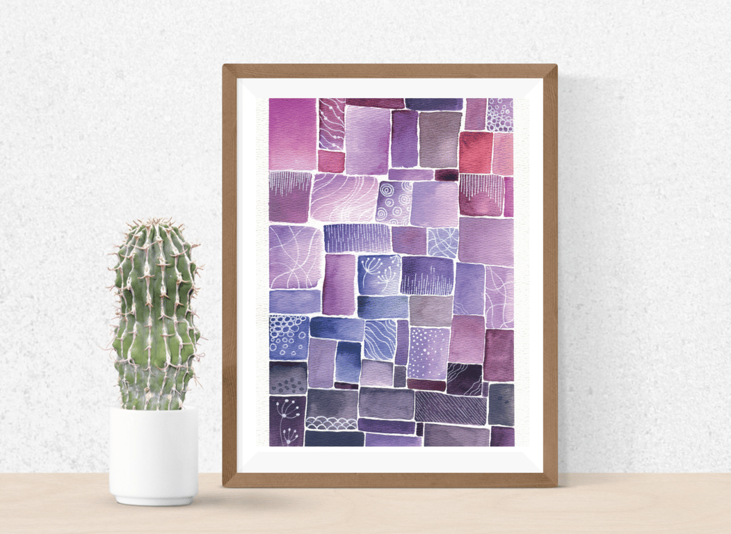 Tones of Purple Abstract Watercolour Squares - Fine art Print 