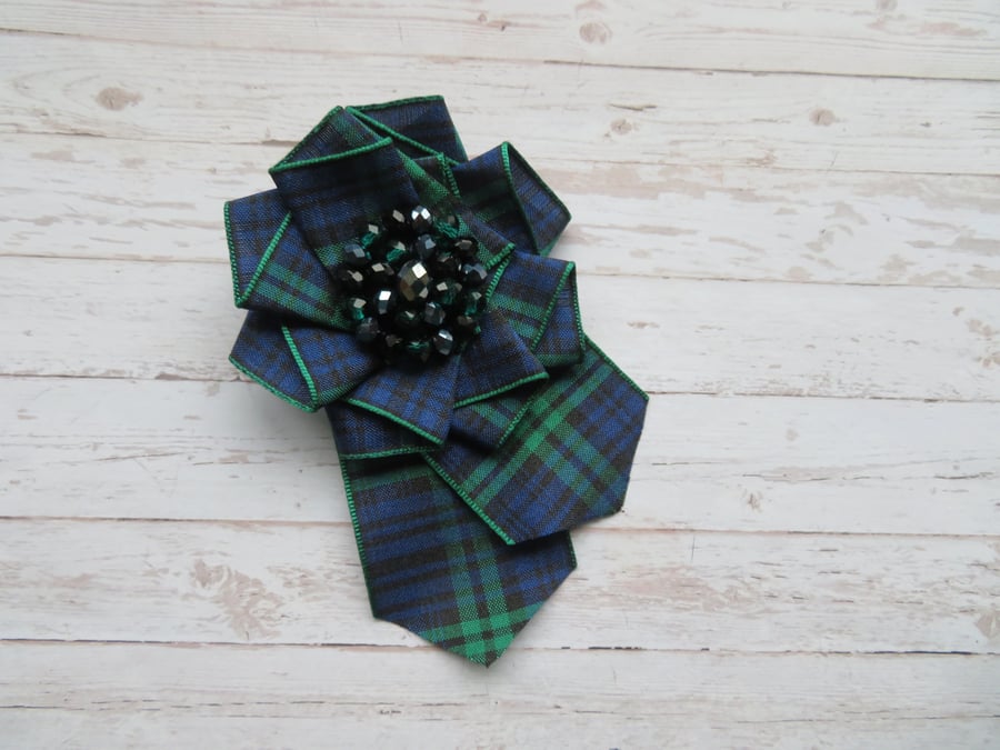 Black Watch Tartan Large Ruffle Rosette and Crystals Brooch Pin 
