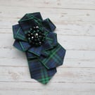 Black Watch Tartan Large Ruffle Rosette and Crystals Brooch Pin 