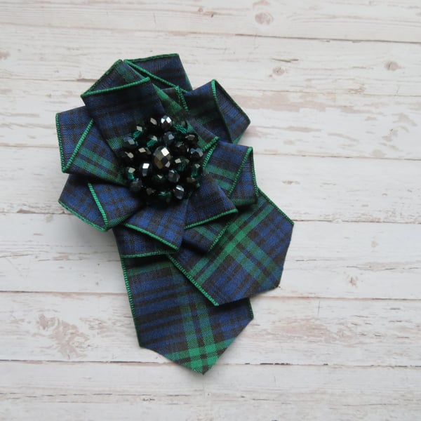 Black Watch Tartan Large Ruffle Rosette and Crystals Brooch Pin 