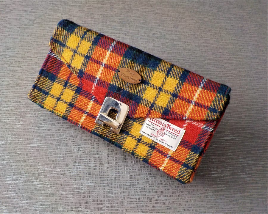 Harris tweed clutch bag bright tartan large ladies purse handmade handbag