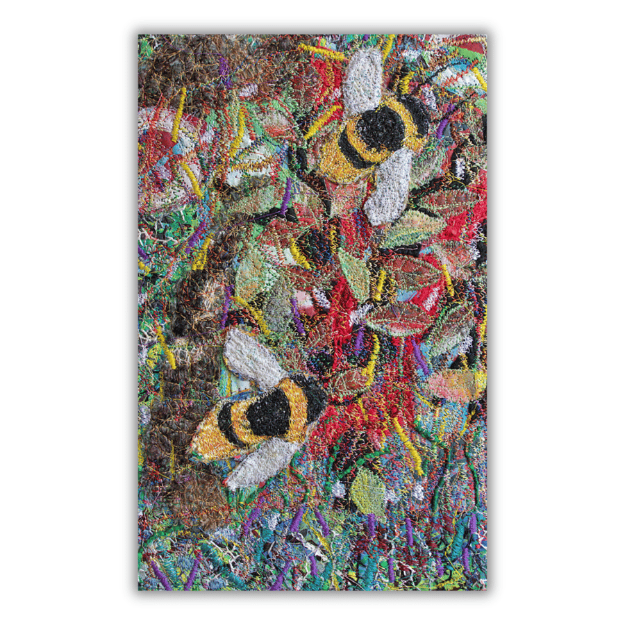 Textile nature art - bees - eco gift - wall hanging - ready to hang
