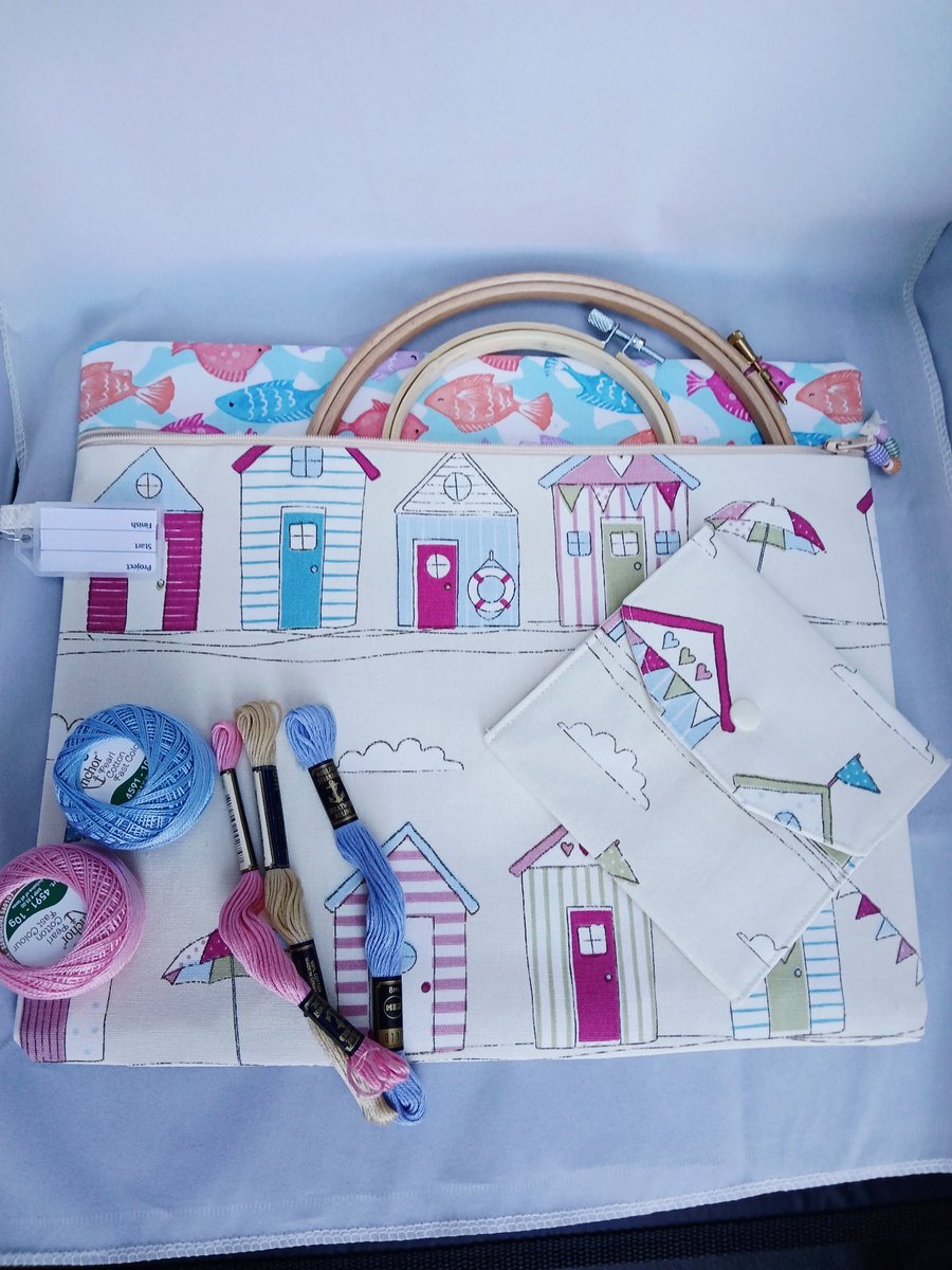 Cross Stitch, Embroidery Project Bag and Accessory Purse, Beach Huts and Fishes