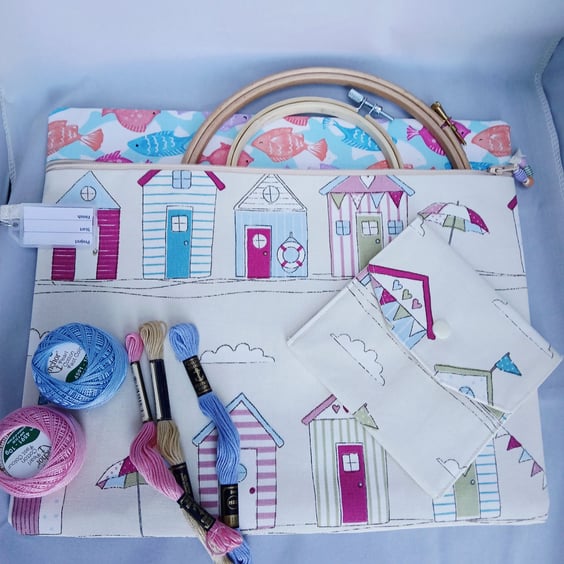 Cross Stitch, Embroidery Project Bag and Accessory Purse, Beach Huts and Fishes