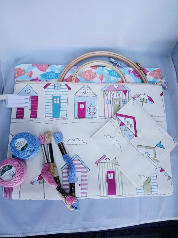 Cross Stitch, Embroidery Project Bag and Accessory Purse, Beach Huts and Fishes