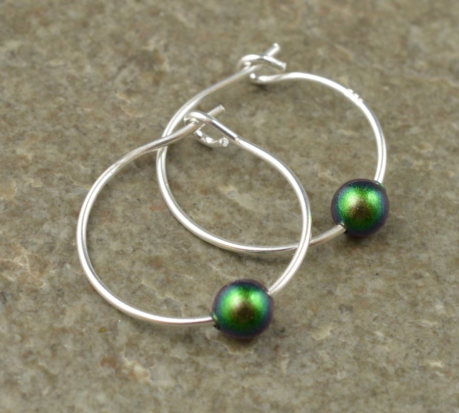 Boho Green Swarovski Crystal Pearl 15mm Sterling Silver Hoop Earrings