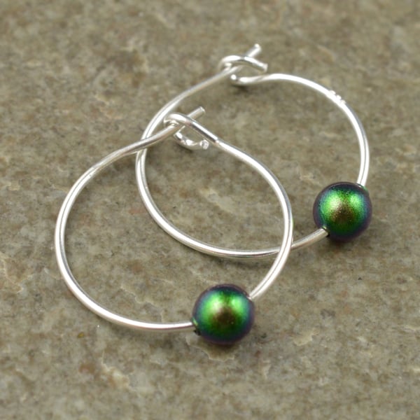 Boho Green Swarovski Crystal Pearl 15mm Sterling Silver Hoop Earrings