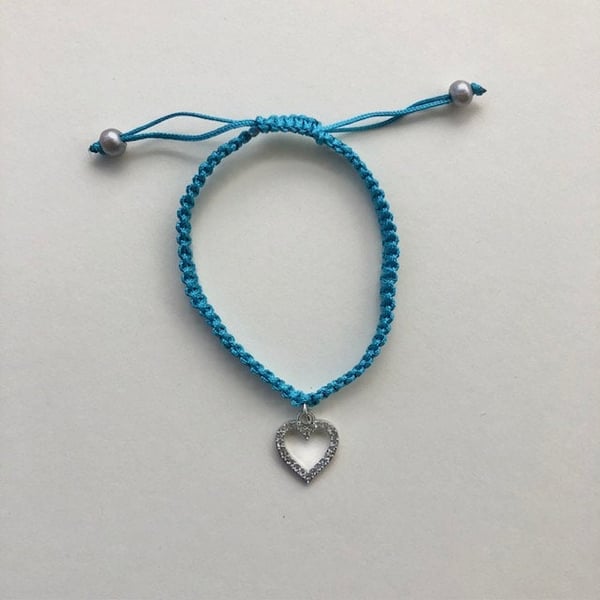 Macrame friendship bracelet in blue, with diamante heart charm- adjustable