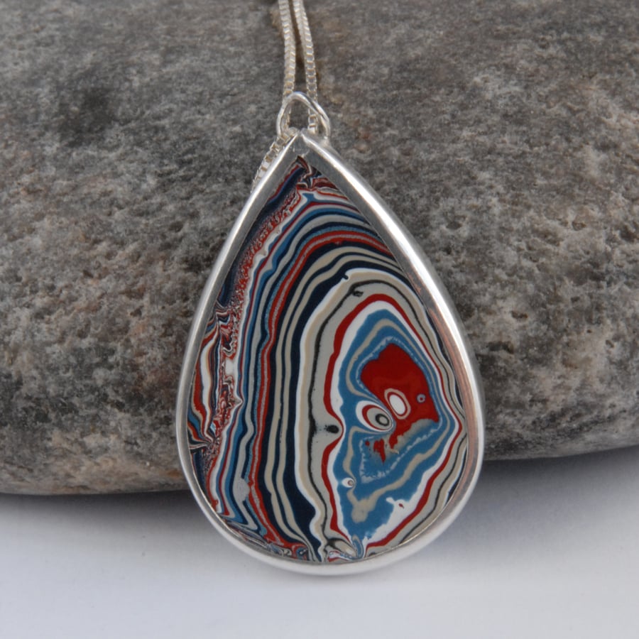 Vintage Fordite (detroit agate) and Silver pendant - blue red white
