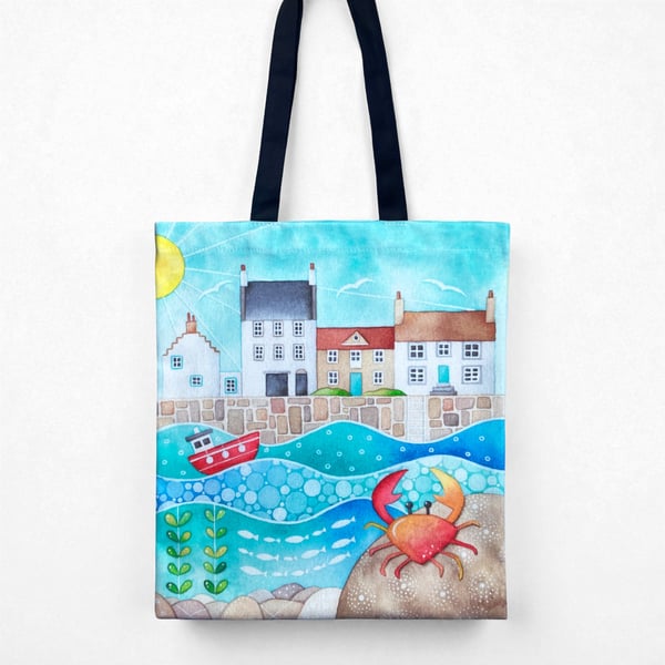 Crab Shopping Bag - Seaside Tote Bag - Fishing Boat & Harbour - Coastal Nautical