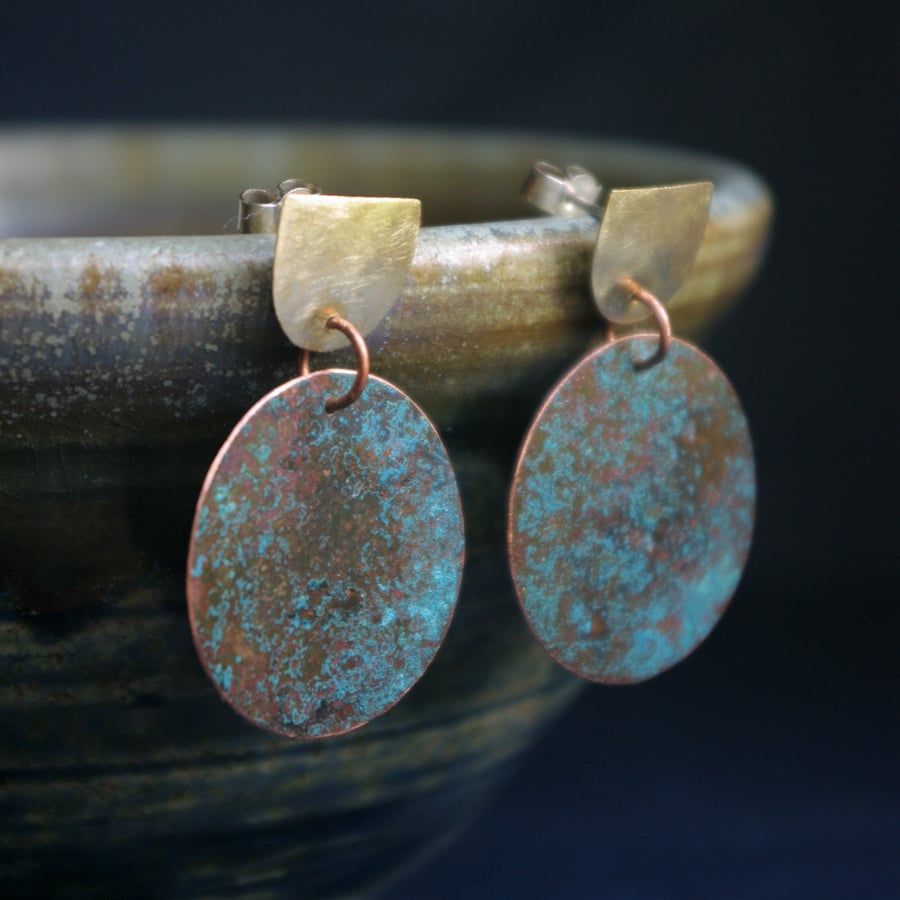 Copper and Brass Geometric Dangle Earrings