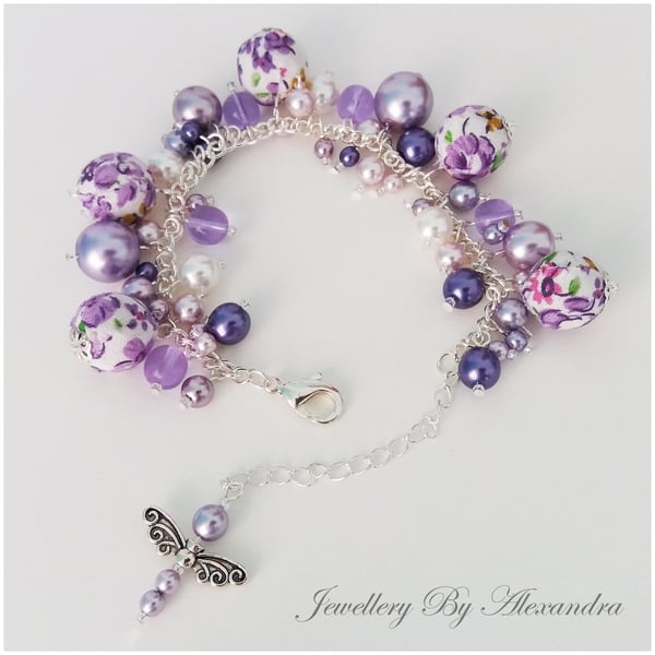 Cluster Bracelet-Lilac with Cotton Wrapped Beads and Dragonfly Charm