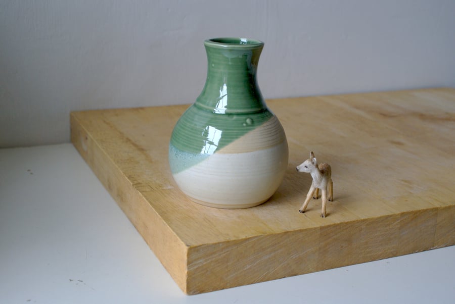 Bottle shaped vase - handmade in green and vanilla
