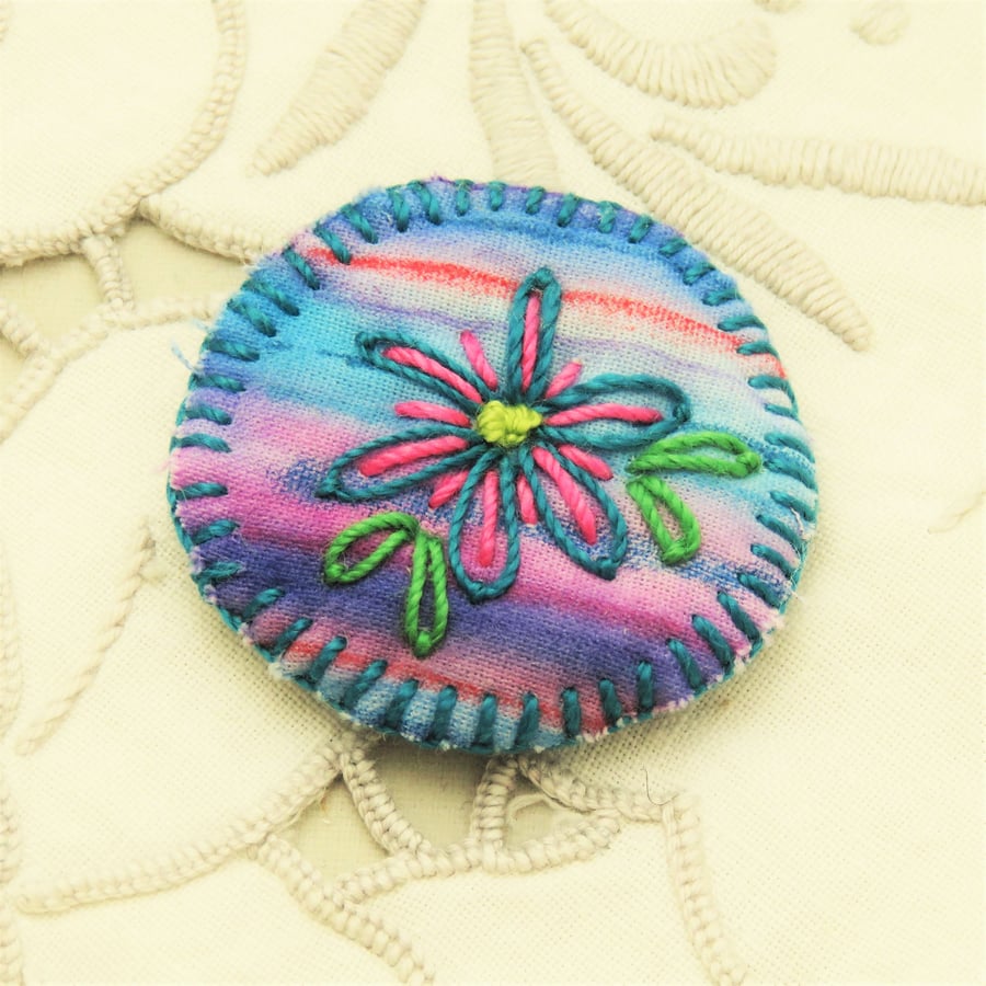 Brooch - Blue flower on hand painted stripes