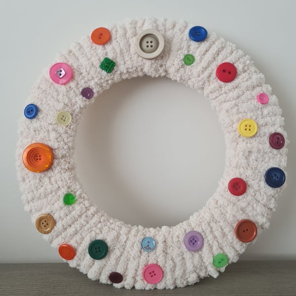 Chunky Yarn Wrapped Wreath With Colourful Buttons