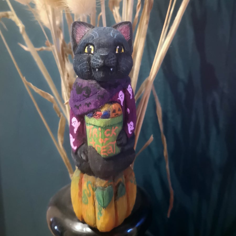 Hand carved, painted and finished wooden Spirit the little black Halloween cat! 