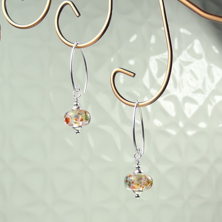 Multicoloured speckled lampwork glass drop earrings, sterling silver handcrafted