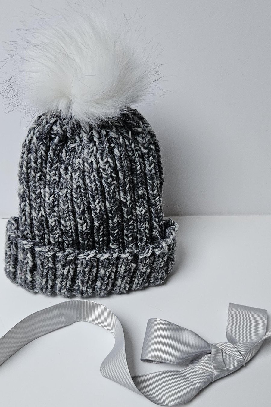 Hand-Knit Speckled Grey Beanie with White Pom Pom