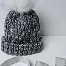 Hand-Knit Speckled Grey Beanie with White Pom Pom