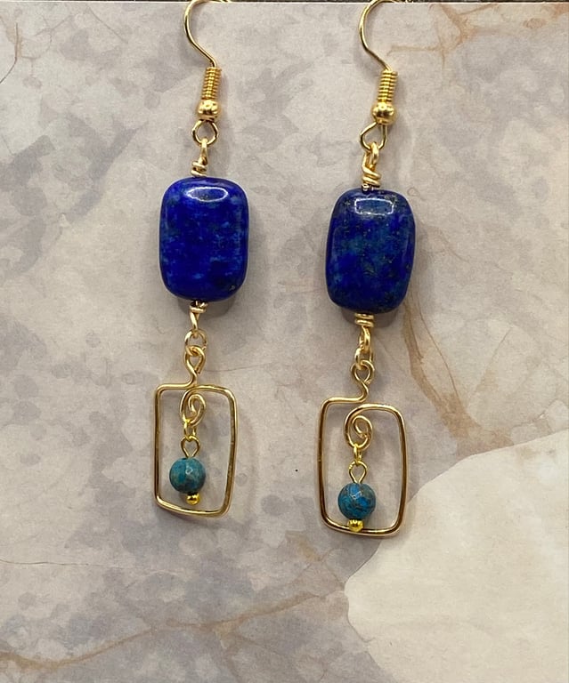 Wire rectangle drop earrings with lapis lazuli and terra jasper stones