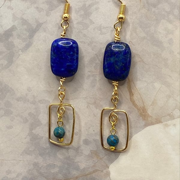 Wire rectangle drop earrings with lapis lazuli and terra jasper stones