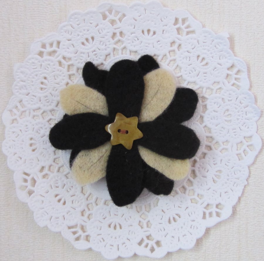 SALE Black and cream felt flower brooch