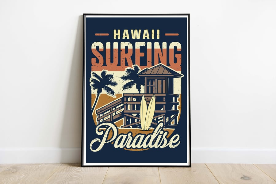 Hawaii retro travel poster, Hawaii surfing paradise wall print, retro wall art