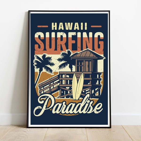 Hawaii retro travel poster, Hawaii surfing paradise wall print, retro wall art