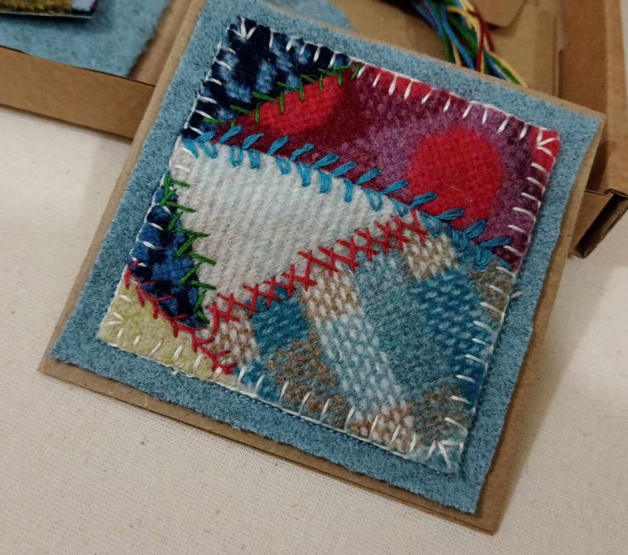 Welsh Wool Upcycled hand embroidered mini card picture - vintage fabrics