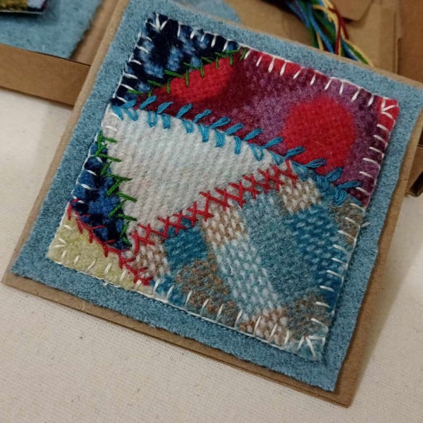 Welsh Wool Upcycled hand embroidered mini card picture -vintage fabrics