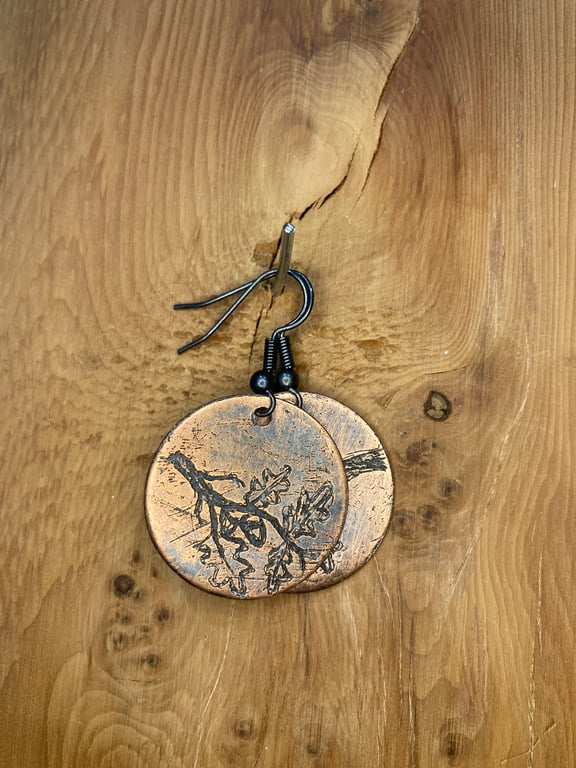 Oak - Handmade Etched Copper Earrings MEDIUM