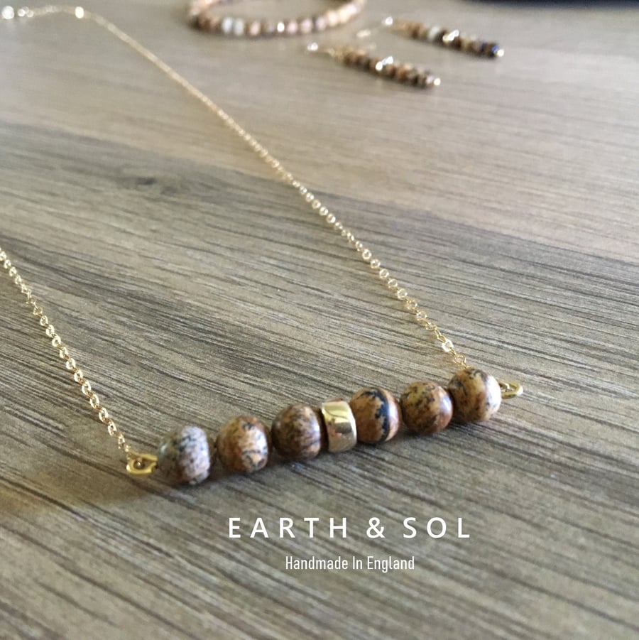 Bead Necklace. Picture Jasper Stone Beads Choice: Gold Filled, Sterling Silver