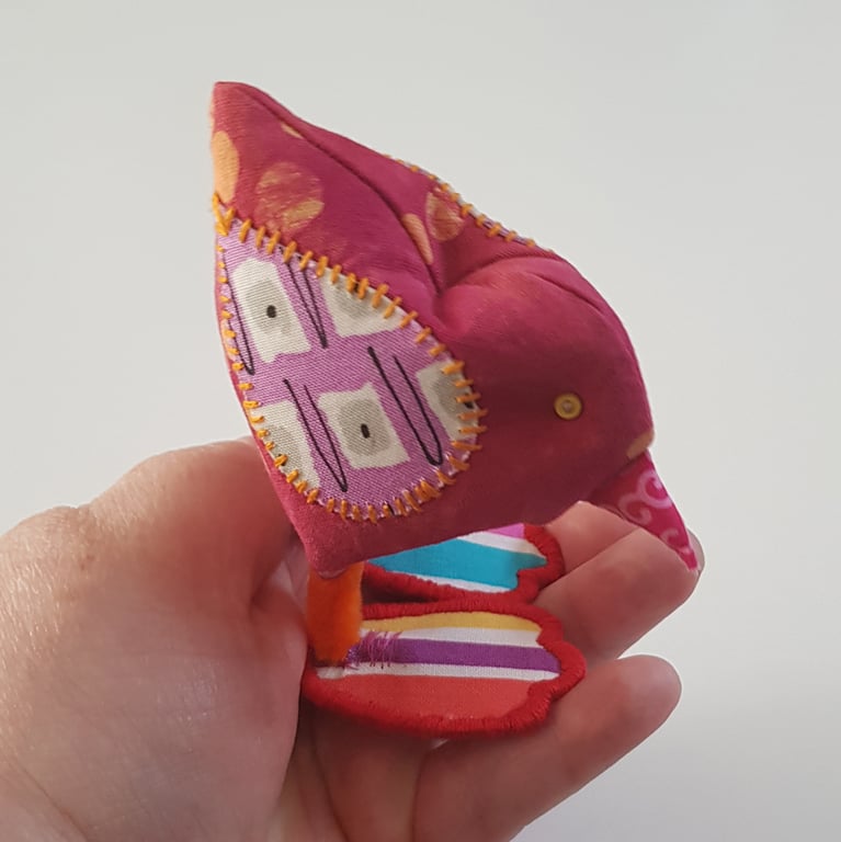 Red Freestanding Fabric Bird Ornament - Folk Art Textile Bird