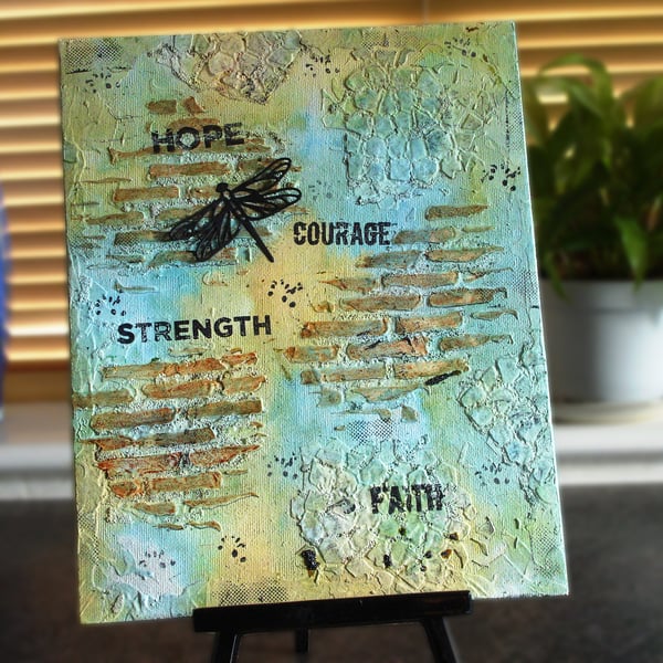 Dragonfly Hope Courage Strength Faith mixed media canvas