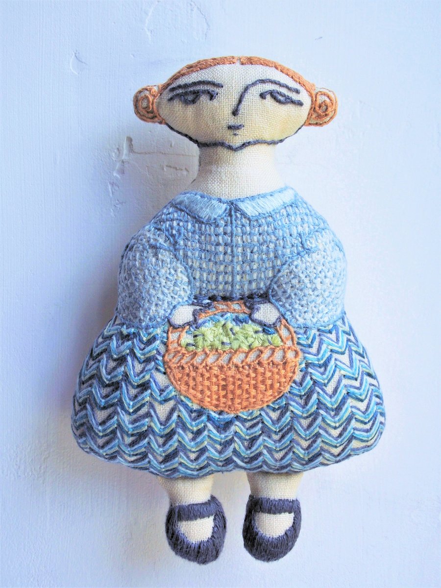 Phoebe - A Hand Embroidered Textile Art Doll, Eco-friendly, Handmade - 14cms