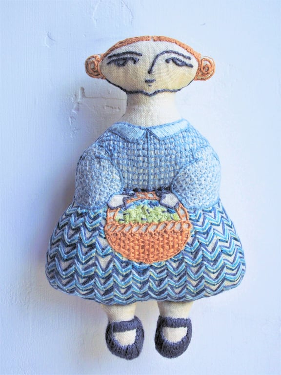 Phoebe - Hand Embroidered Textile Art Doll, Eco-friendly, 14cms, Free Postage
