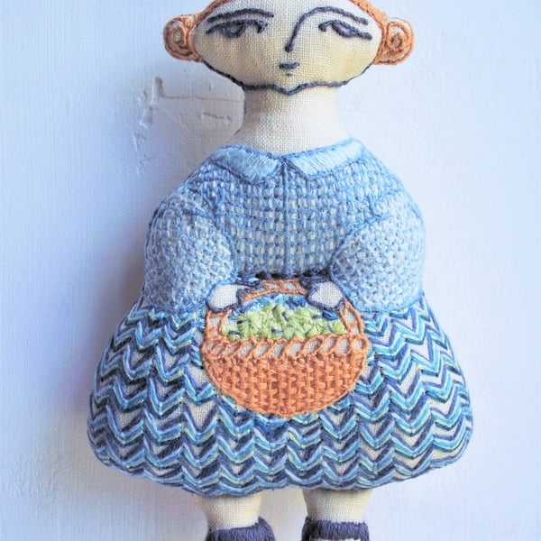 Phoebe - Hand Embroidered Textile Art Doll, Eco-friendly, 14cms, Free Postage
