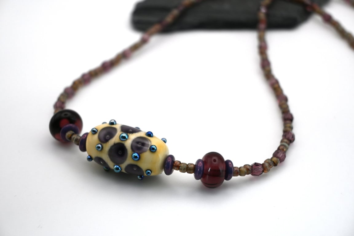 lampwork glass purple dots necklace