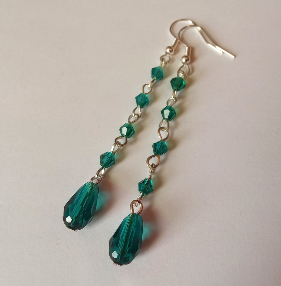 Long Dangling Teal Green Crystal Teardrop Earrings