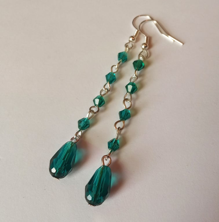 Long Dangling Teal Green Crystal Teardrop Earrings