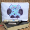 Owl toiletry bag - Ivory with blue and purple floral applique owl