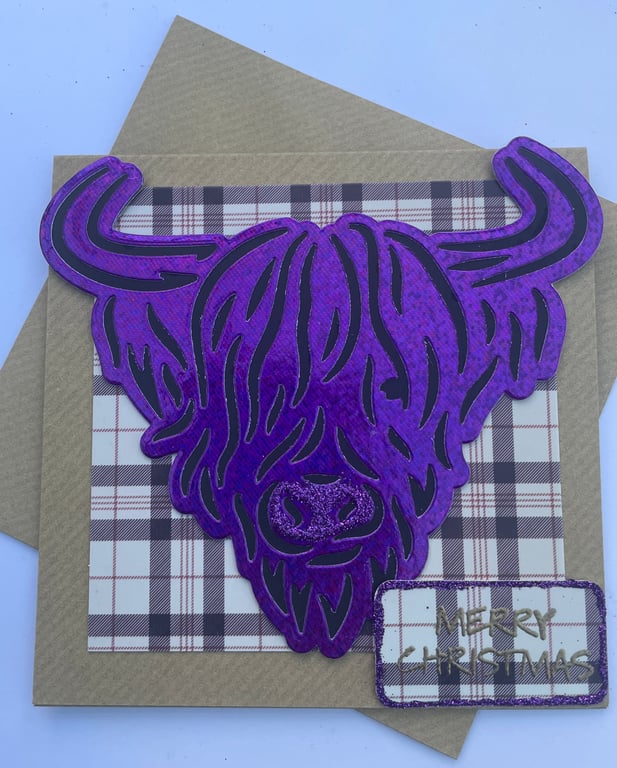 Sparkle purple Highland cow Christmas card