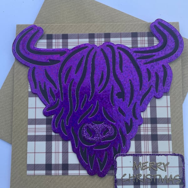 Sparkle purple Highland cow Christmas card