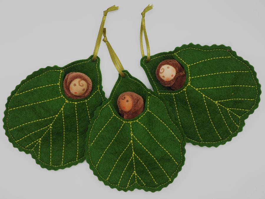 Alder leaf with a woodland baby fairy doll