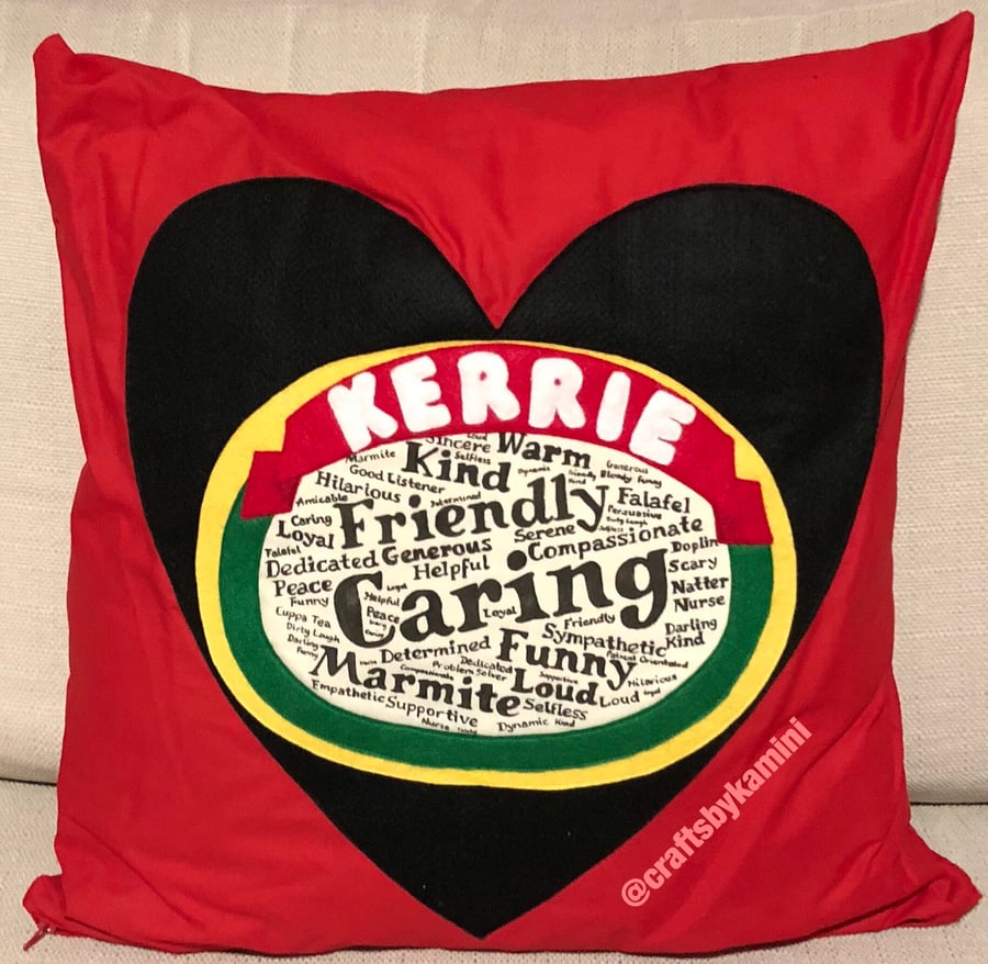 Personalised marmite style heart cushion