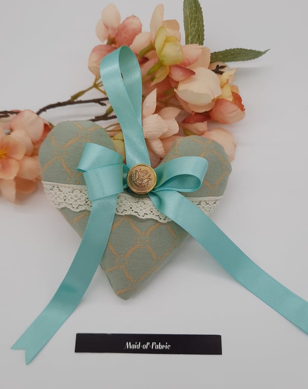 Heart hanger,  free uk delivery,  mint green ribbon and gold button 