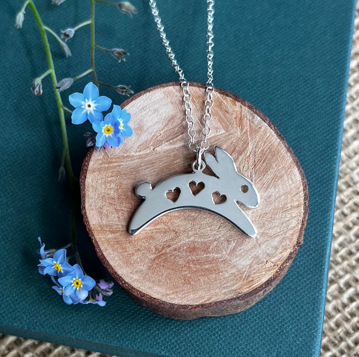 Sterling silver leaping bunny rabbit with heart... - Folksy